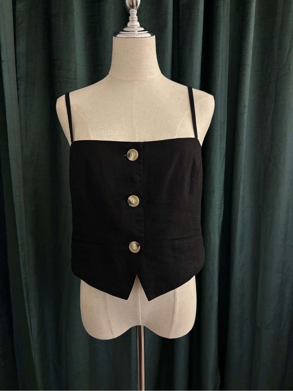 Zara Linen Blend Black Button-Front Cropped Cami
